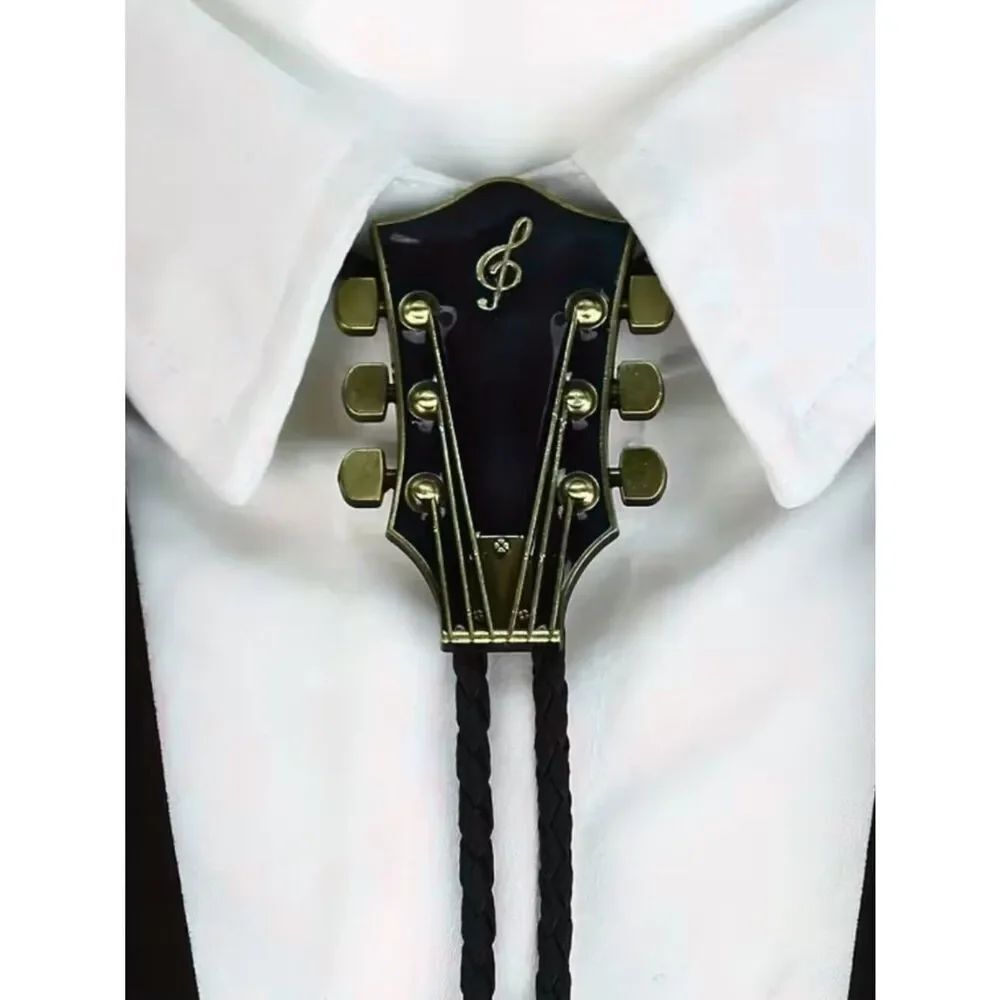 NWT Guitar Headstock Bolo Tie Western Music Treble Clef Silver Gold Unisex